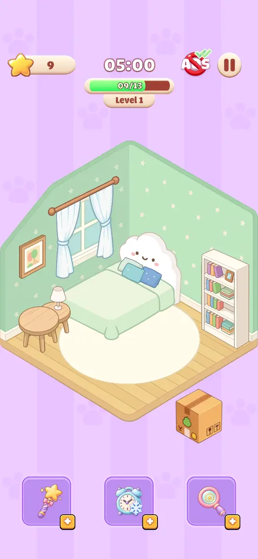 Cozy Corners gameplay: unbox and place furniture, plants, and little treasures in three charming rooms